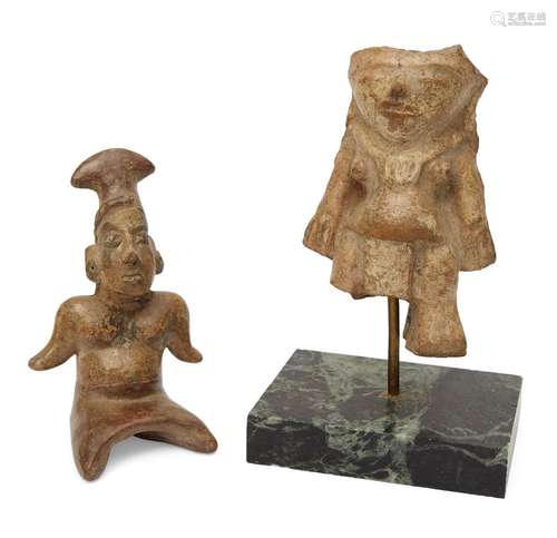 Two Pre-Columbian terracotta figures, one of a female with face, torso and lower body, wearing a