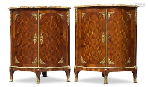 A pair of Louis XV serpentine kingwood, parquetry and ormolu mounted encoignures, mid 18th