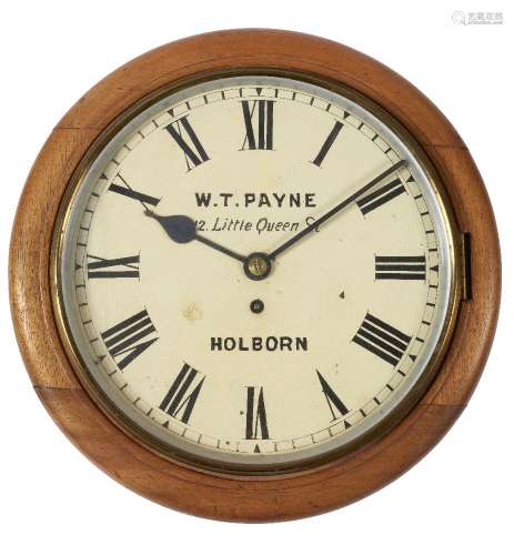 A circular walnut wall clock, late 19th/early 20th century, the white painted dial with Roman