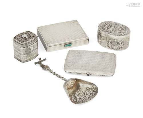 A French silver powder compact with striated pattern and push-button opening, together with a French