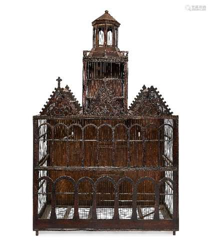 A large wirework bird cage, of architectural form, late 19th/20th century, with an octagonal form