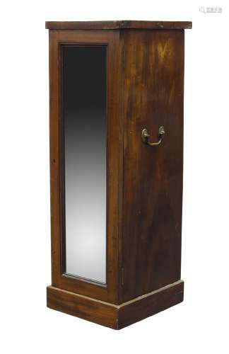 A Regency mahogany narrow cupboard, with brass handles to sides, the later mirrored door enclosing