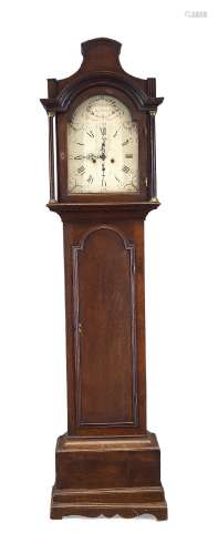 A George III oak long case clock by Thomas Shilling, the hood with a pagoda top with arched glazed