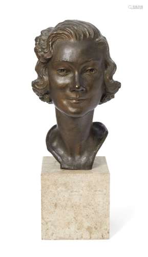 Ginette Bingguely-Lejeune, French, 1895-1969, a bronze portrait bust of a young lady, with a