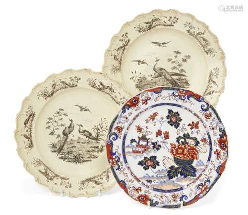 A pair of Wedgwood type printed creamware shaped plates, 18th century, with scroll form rims,