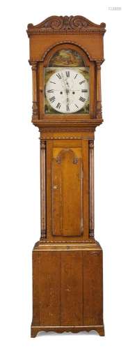 An oak longcase clock by R Marshall, 18th century, the hood with scroll form cornice and beaded