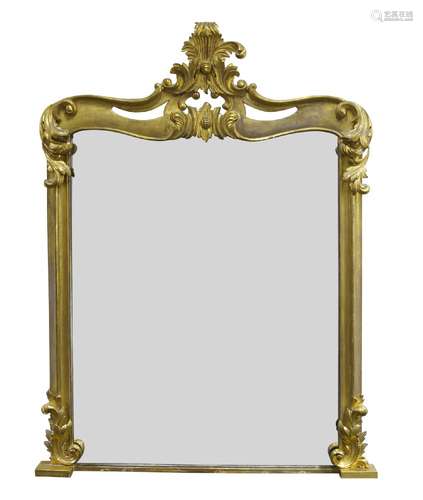 A large Victorian carved giltwood overmantle mirror, of rectangular form with pierced and carved