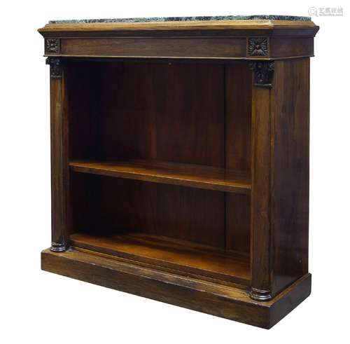 A Regency rosewood open bookcase, the top surmount with later green marble top, above two shelves,