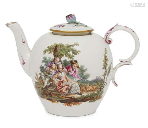 A Hochst porcelain tea pot and cover, mid/late 18th century, of globular form with c scroll handle