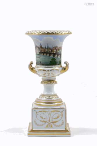 A Lippert and Haas porcelain campana urn on a plinth, early 19th century, the urn decorated with a