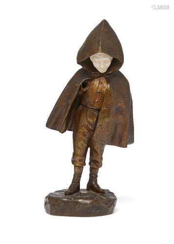 A bronze and ivory figure of a man, 19th century, wearing a hooded cloak, signed Chopard to the
