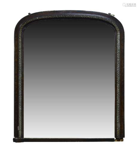 A faux tortoise shell painted and parcel gilt overmantle mirror, late 19th/ early 20th Century, of