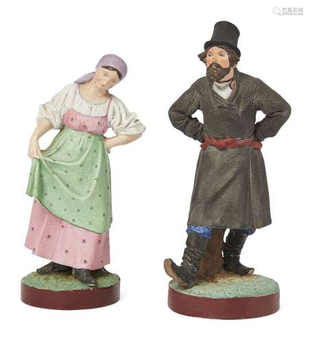 A Russian Gardner porcelain figure of a dancing man in a tall hat, late 19th century, printed and