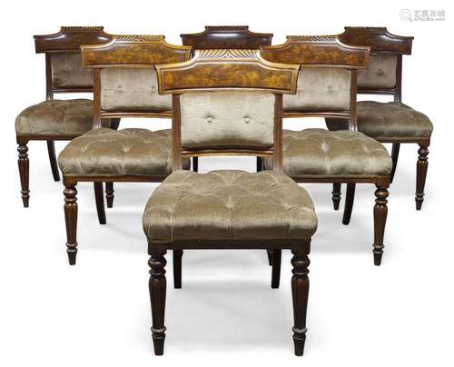 A set of six Regency mahogany bar back dining chairs, the bar back top rails with carved gadrooning,