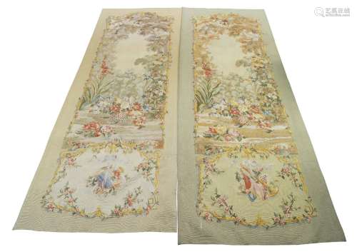 A pair of French Aubusson tapestry panels, late 19th/early 20th century, woven with forest scenes