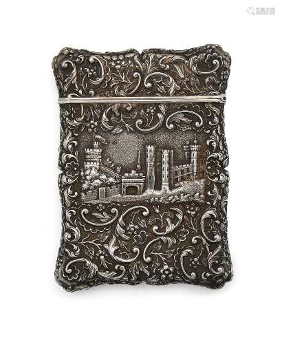 A Victorian 'castle top' silver calling card case, possibly Yapp & Woodward (unmarked),