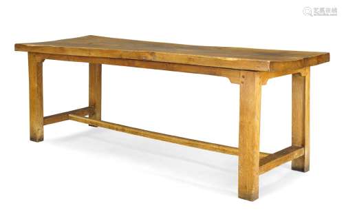 A large elm refectory table, second half 20th Century, the rectangular two plank top, raised on