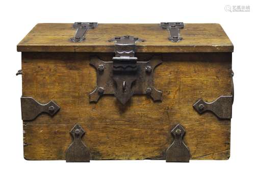 A North European oak strong box, 19th Century, with two ring handles and shaped iron strapwork, with