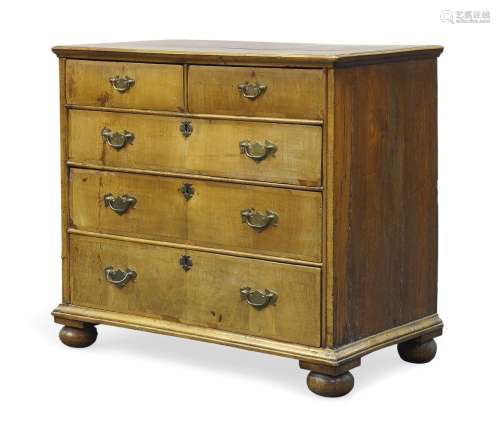 A George II walnut chest of drawers, with two short over three long graduated drawers, having pine