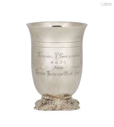 A silver wine beaker, London, c.1971, Garrard & Co., raised on a quatrefoil foot decorated with