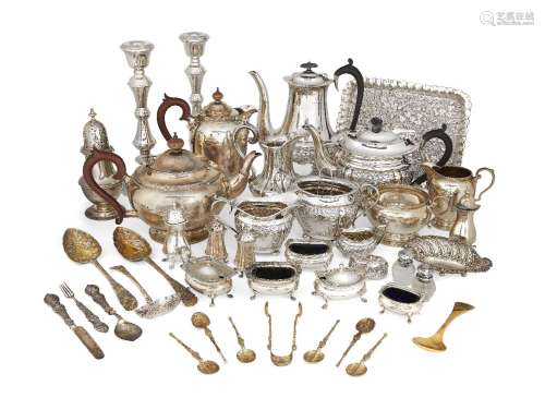 A large quantity of silver comprising: a five piece tea and coffee service, complete with tray,