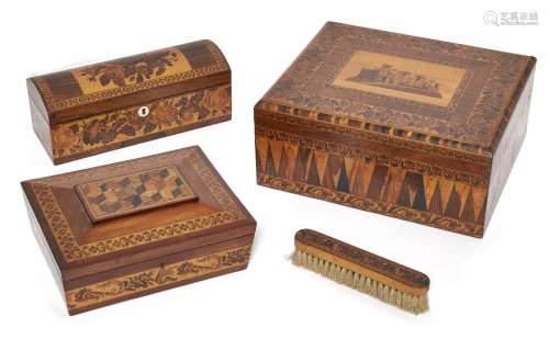 A Tunbridge ware sewing box, 19th century, inlaid to the centre lid with a view of a Gothic castle