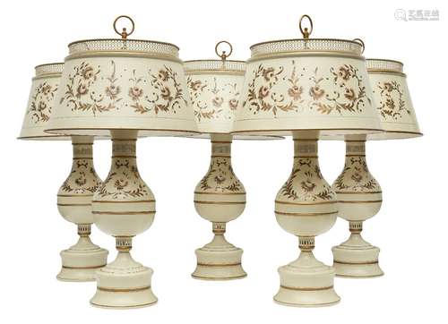 A set of five cream and gilt painted toleware style lamps, of recent design, of baluster shape