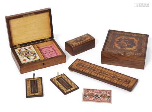 A Tunbridge ware rectangular games box, 19th century, decorated with a scene of a Gothic castle,