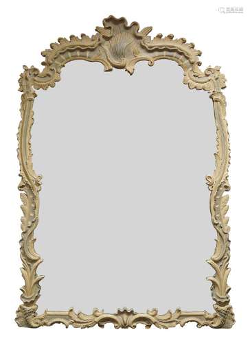 A large Rococo taste grey and green painted overmantle mirror, late 19th/ early 20th Century, of