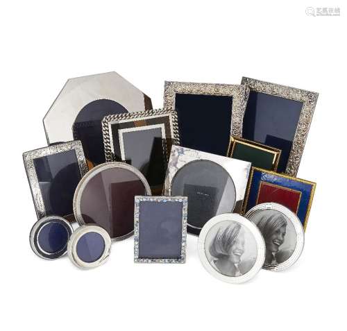 Fourteen various photograph frames, four silver: three of circular and one of rectangular form,