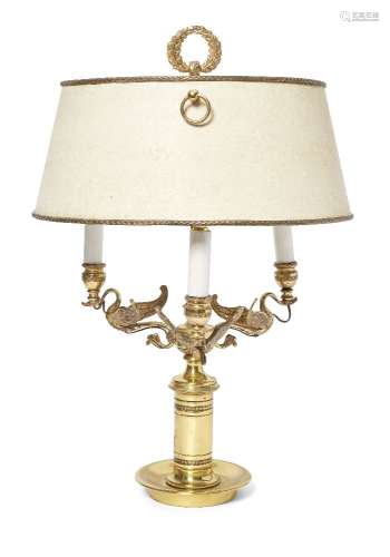A Continental Empire style three branch bouillotte lamp, mid/late 20th century, the three swan