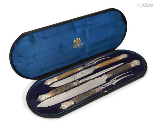 A silver mounted antler horn carving set, Sheffield, c.1891, by Mappin Bros., the five-piece set