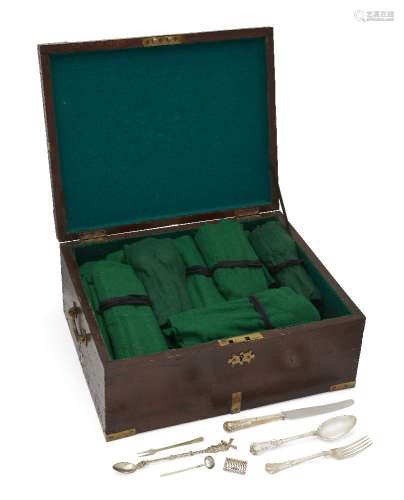 A boxed part-canteen of silver plated cutlery, together with a silver mustard spoon with bone