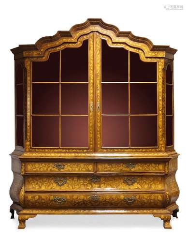 A Dutch floral marquetry display cabinet on chest, 19th Century, the shaped moulded cornice above