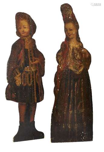 A pair of figural dummy boards of a young man and his companion, early 19th century, he wearing a