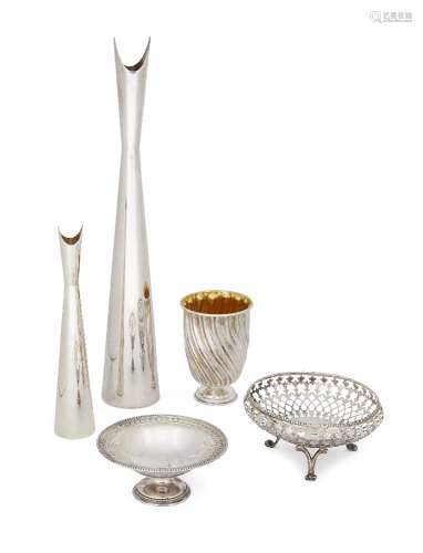 Two silver plated vases, by Christofle, of tall, tapering form with pointed collars, 21cm and 37cm