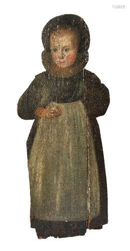 A painted pine figural dummy board,18th/19th century, portraying a young girl wearing a white