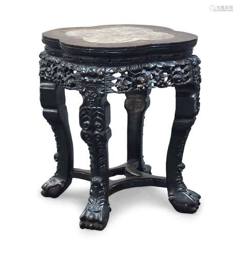 A Chinese hardwood and marble inset occasional table, mid/late 20th Century, the quatrefoil shaped