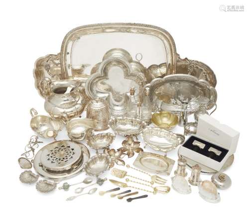 A large silver plated twin-handled tray, signed Harrods, together with a quantity of silver plated