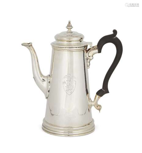 A silver coffee pot, London, c.1943, CJ Vander, of plain tapering form with carved wooden scroll
