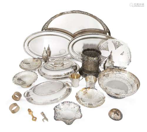 A large silver plated tray, with pierced sides, together with a number of silver plated items