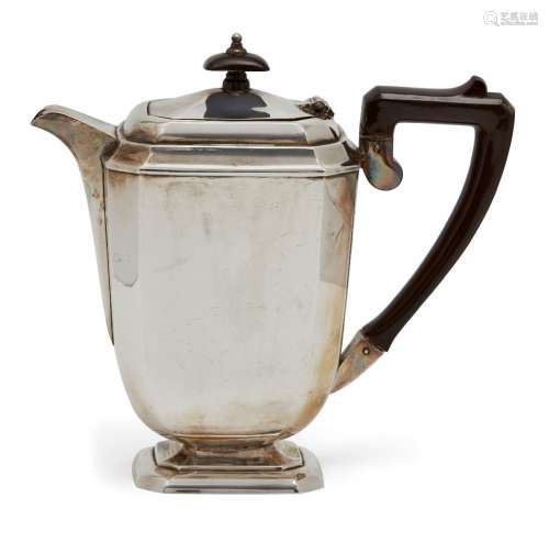 A silver coffee pot, Birmingham, c.1962, the body of cuboid form raised on a cut-cornered