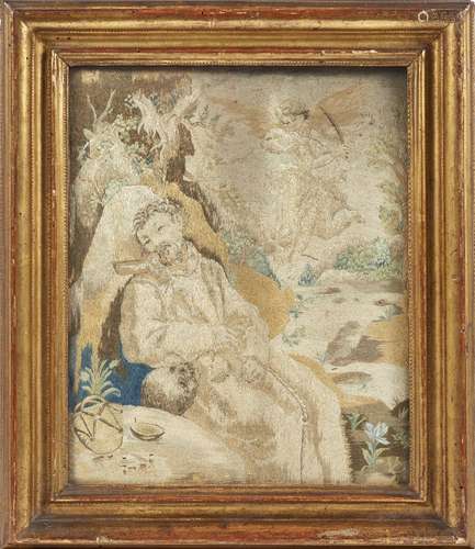 A needlework picture of St. Jerome, late 18th/early 19th century, depicted with a skull seated in