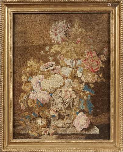 An embroidered still life picture, in the manner of the Dutch Old masters, 19th century, depicting a