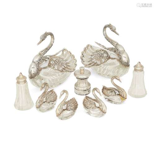 Six German silver-mounted cut glass swan salts and bonbon dishes, two larger, four smaller, each