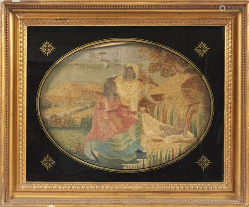 An embroidered picture of an allegorical scene of a woman feeding warriors within a wooden