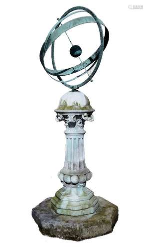 A green patinated bronze Armillary sphere, parts late 19th/ 20th century, mounted on a Portland