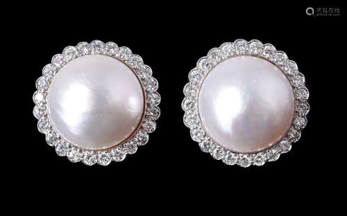 A pair of diamond and mabé pearl cluster ear clips