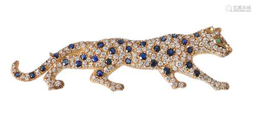 A diamond and sapphire leopard brooch