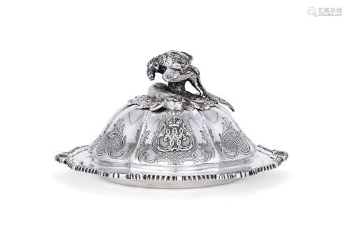 An early Victorian silver hexafoil game serving dish and cover by John Samuel Hunt